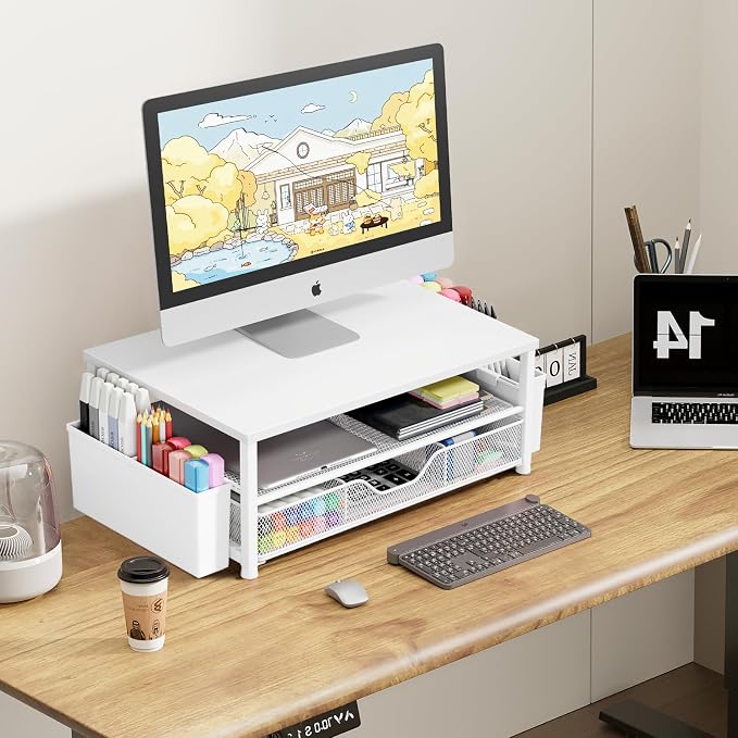 Desk Organizers and Accessories, Computer Monitor Stand Riser with Drawer and 2 Pen Holders, Printer & Laptop Stand, Office Desk Accessories & Workspace Organizers for Home Office Supplies, White Wood