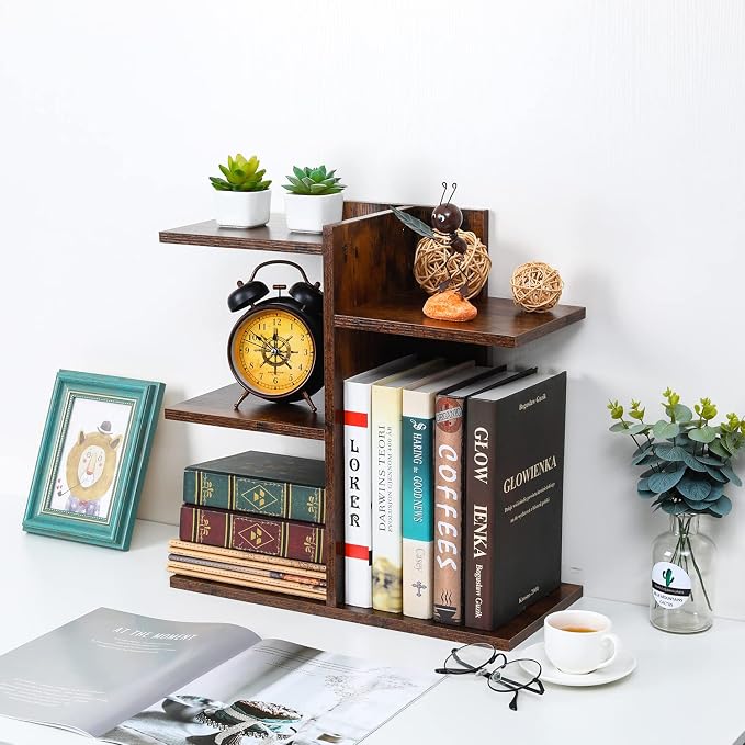 Wood Desktop Shelf Small Bookshelf Desk Supplies Organizers and Accessories Storage Display Rack Office Decor for Women, Antique Brown
