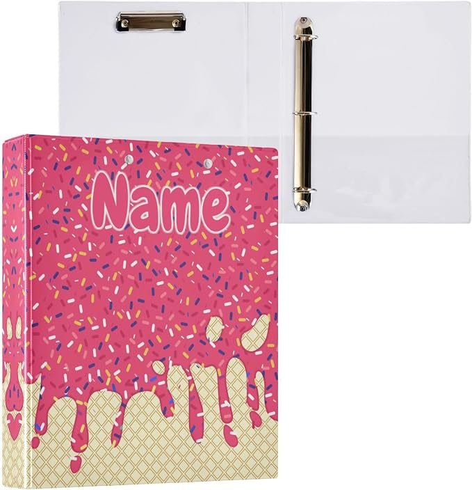 Custom 3 Ring Binder Red Ice Cream Print 1.5" Round Ring Binders Personalized Name View Binder with 200 Sheet for Kids School Supplies Women Men Office, 1 Pack