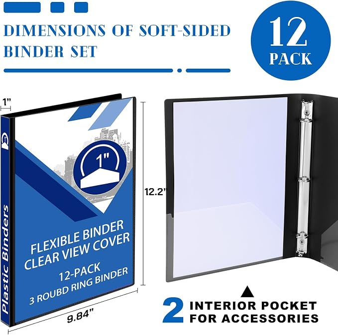 Fulmoon 12 Pcs Economy View 3 Ring Plastic Binder 12.2 x 9.8 Inch Plastic Round Ring Binders with Pockets Notebinder for Meetings for Home, Office, School(Black, 1 Inch)