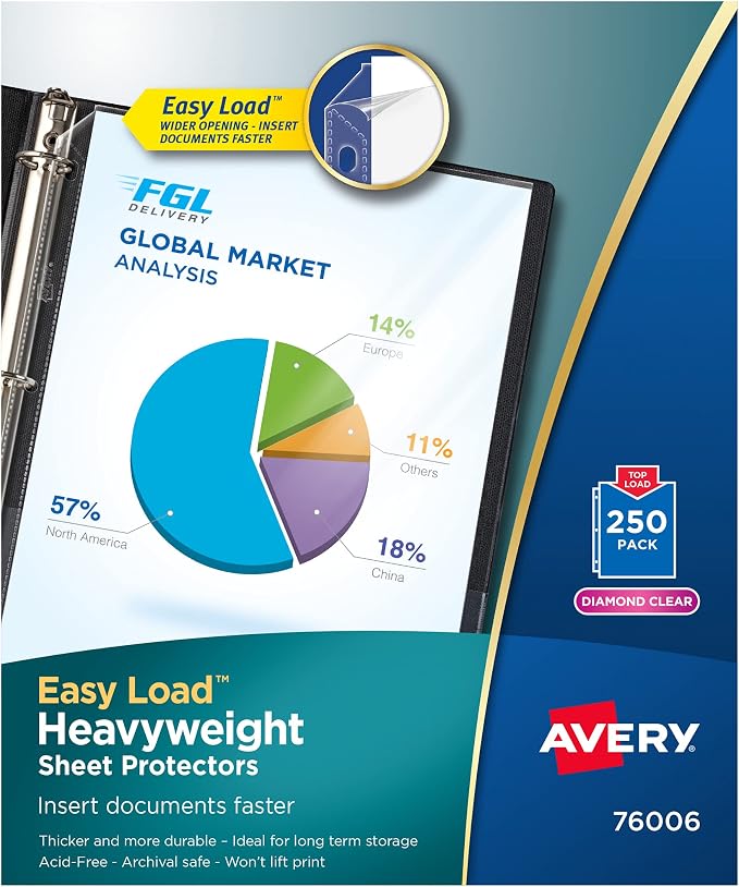 Avery® Diamond Clear Heavyweight Sheet Protectors, Easy Load, 250 Document Protectors (76006) | Top Loading Design | Polypropylene Construction | Prepunched Binder Holes | Archival Safe Storage | Nonstick Finish