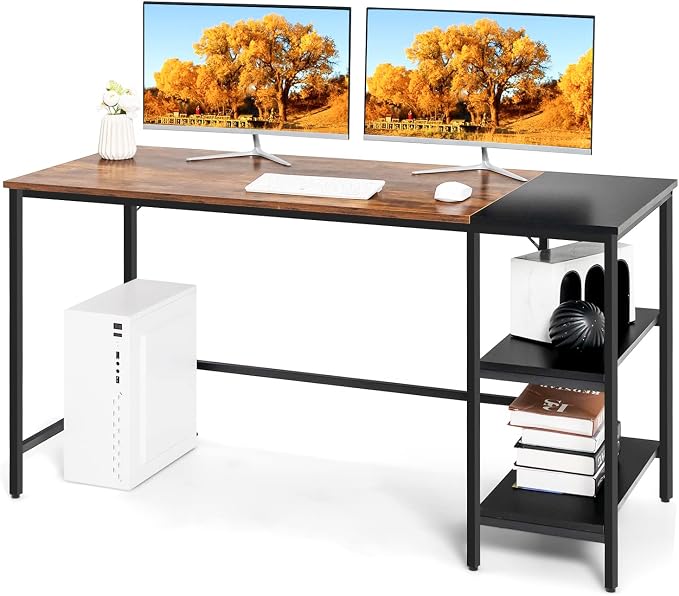 Multifunctional Computer Desk, Industrial Study Writing Desk w/Removable Storage Shelf, Heavy-Duty Metal Frame, 55 Inch Desk for Home Office, Gaming Room, Bedroom (Rustic Brown)