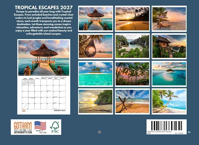 Tropical Escapes Monthly Wall Calendar 2027 12 Month