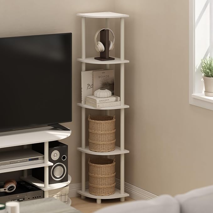 Furinno Turn-N-Tube Corner Shelf, 5-Tier Corner Bookshelf, Open Storage Shelves, for Organization and Storage, Living Room, Home Office, Garage, Bedroom, White