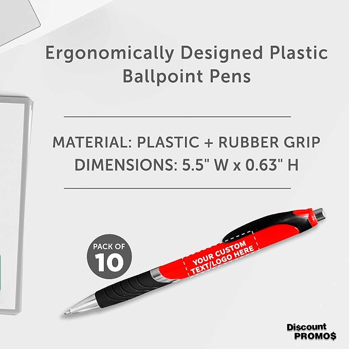 DISCOUNT PROMOS Ballpoint Pens With Rubber Grip - 10 pack - Customizable Text, Logo - Black Ink Ball Point Pen with Soft Touch Plastic - Red
