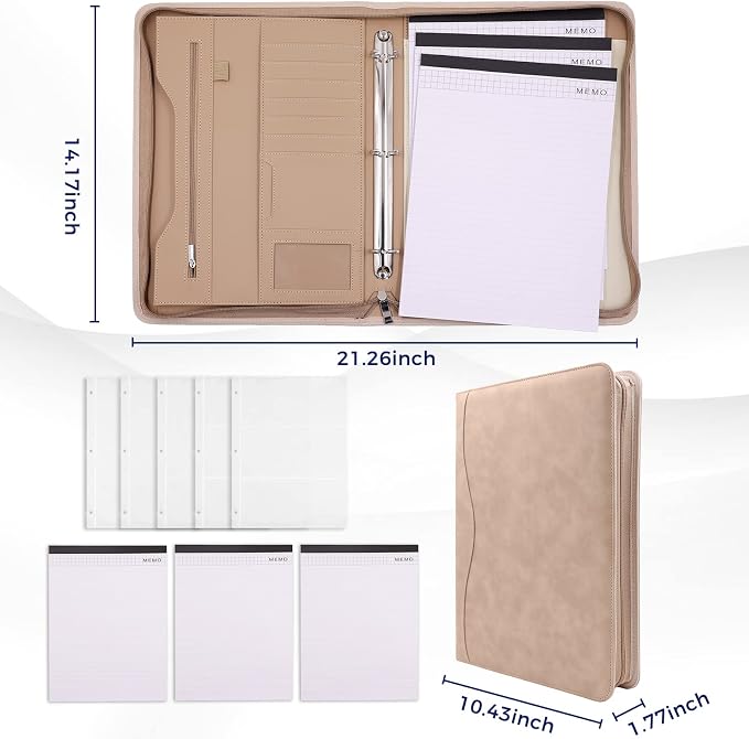 3-Ring Padfolio Portfolio Binder Organizer,PU Leather Folder Binder Business Planner Notebook Zippered Portfolio for Women/Men with Document Sleeve,Letter/A4 Size Clipboard