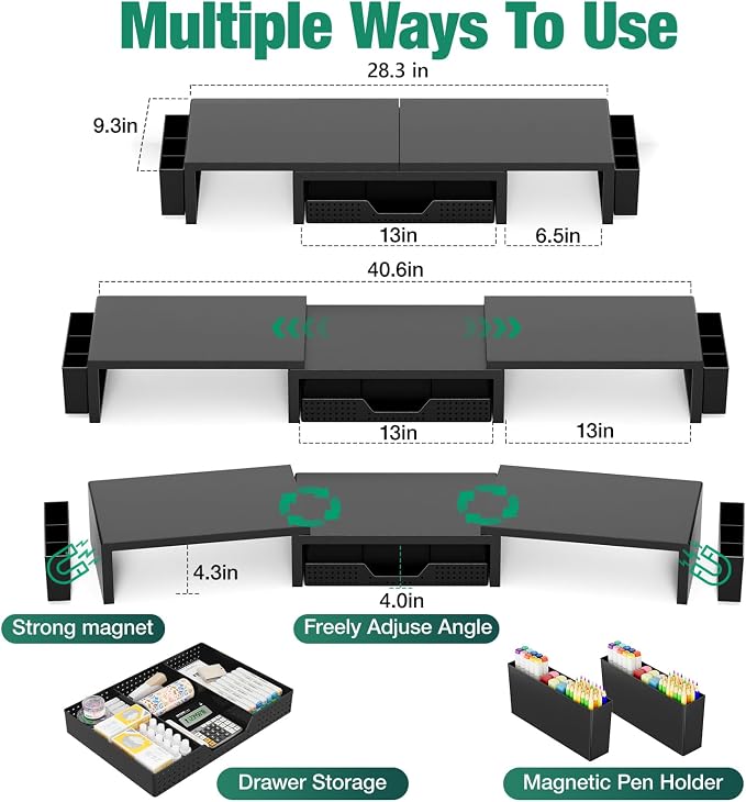 Desk Organizer and Accessories, Dual Computer Monitor Stand Riser with Drawer and 2 Pen Holders, Laptop Stand, Office Desk Accessories for Office Supplies, Black