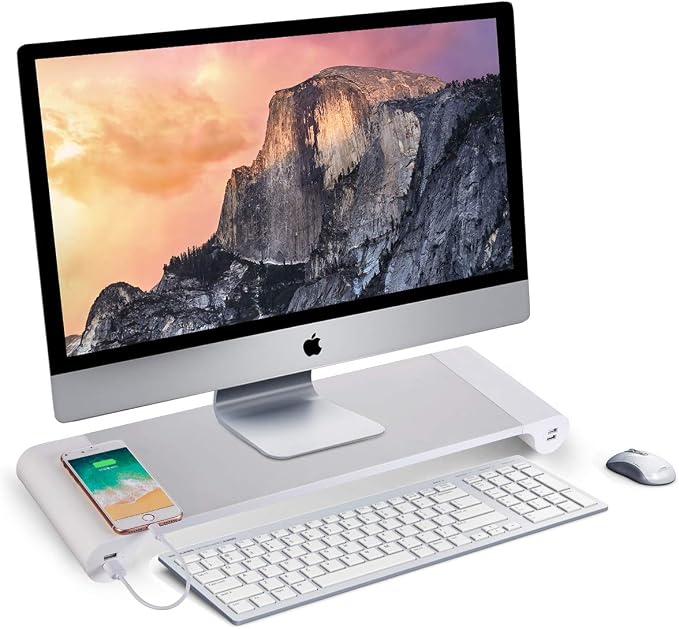 PG Silver Monitor Stand Riser with 4-Port USB Charging ports, Convenient keyboard organiser,Desktop Organizer for Computer, Laptop, TV, Printer - Ergonomic Keyboard Tray & Storage Shelf.