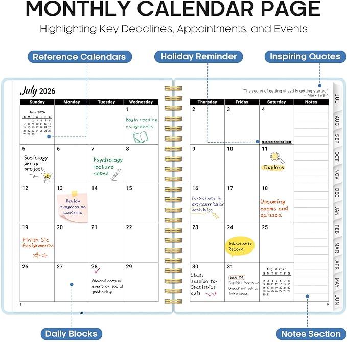 Taja Planner 2026-2027, Jul 2026-Jun 2027 Monthly & Weekly Calendar Planner | 6.3" x 8.5", Hardcover Academic Calendar, Teacher Student Agenda Book with Tabs, School Office Supplies, Soft Wings