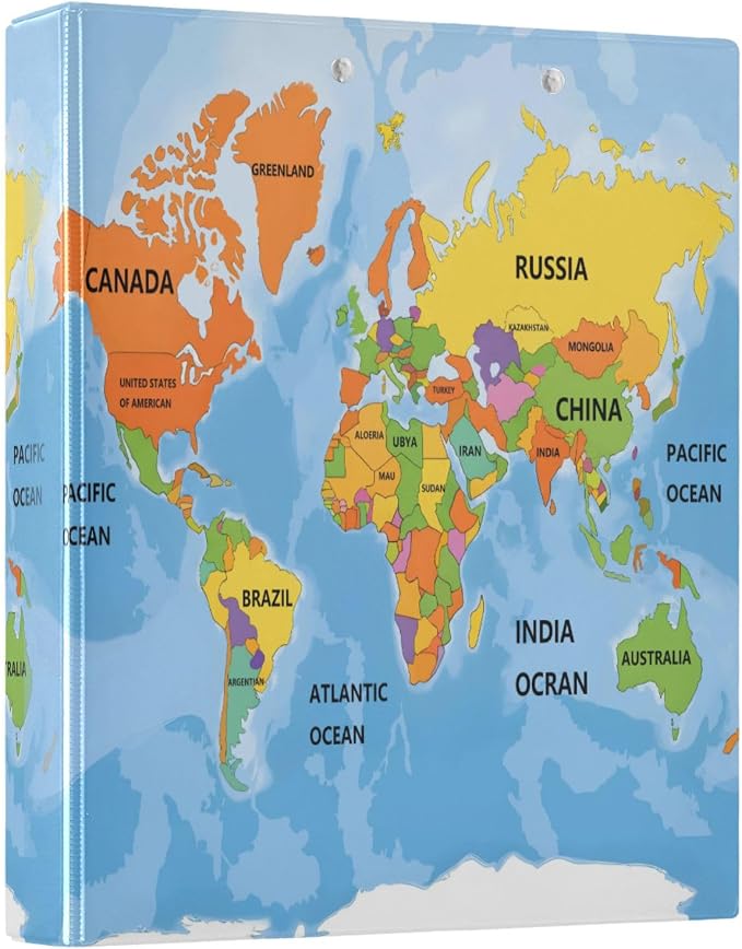 ALAZA 3 Ring Binder World Map Clipboard Round Ring Binder Holds 1.5 Inch Three Rings Binder Heavy Duty Binders for School Office Supplies, 1Pack