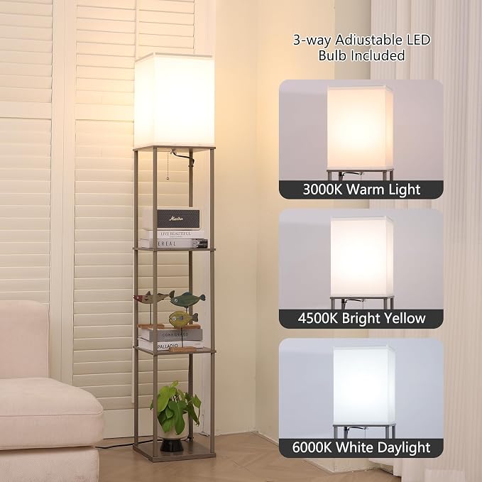 Gupuzm Floor Lamp with Shelves, Modern Square Standing Lamp with 3 Color Temperature Bulb, Corner Display Bookshelf Lamp for Living Room, Bedroom and Office （Grey）