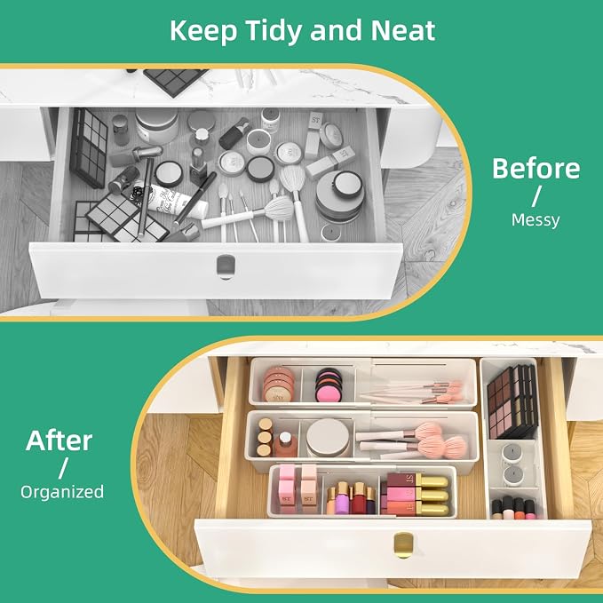 4 Pack Expandable Drawer Organizer, Desk Drawer Organizer Tray | 8 pcs Dividers Adjustable, 16 pcs Non-Slip Feet, Organizer Bins for Junk, Office, Makeup, Kitchen Utensil, Plastic, White