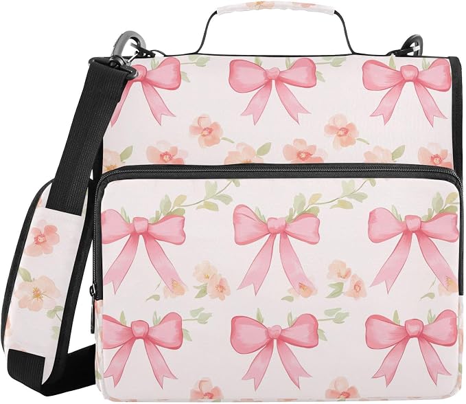 Watercolor Flowers and Pink Bows Zipper Binder with Shoulder Strap Bag 3 Ring Binder Organizer Large Capacity Multiple Compartments for School Office