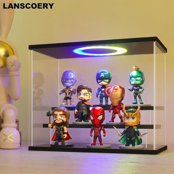 LANSCOERY Acrylic Display Case with RGBW Lights, 3 Tier Black | 11.8 x 6.3 x 9.4 in case displays small figures on desks or shelves with tiered rows and front access.