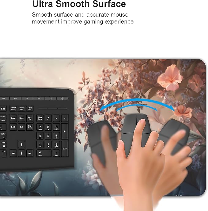 Cute Floral Aesthetic Azalea Gaming Mouse Pad, Ink Blue Red Dreamy Desk Mat with Anti-Slip Base & Stitched Edges,35.4" x 15.7" in Table Mat for Computer Desktop, Beautiful Workstation Decor