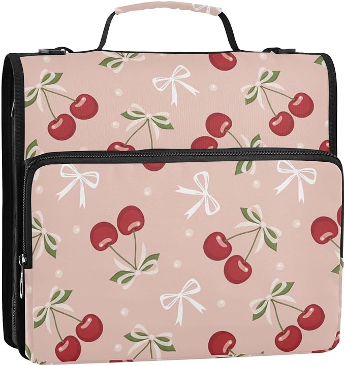 Cherries Bows Pink Pattern 3 Ring Zipper Binder with Shoulder Strap & Handle 1.5 Inch D-Ring Zippered Bag with Pencil Pouch, Expanding File Folder, Binder Organizer for School or Office