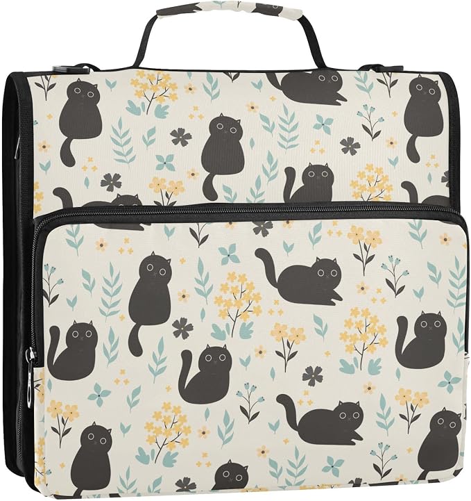 Cute Black Cats and Flowers Zipper Binder with Shoulder Strap Bag 3 Ring Binder Organizer Large Capacity Multiple Compartments for School Office