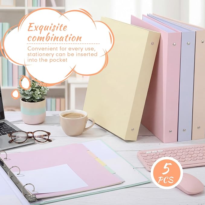 Ctosree 5 Sets 1 Inch Heavy Duty 3 Ring Binder with 2 Pockets with 5 Tab Dividers 8.5 x 11 Inch Plastic Film and File Folder Labels for Letter Size Paper Office Home Supplies (Cute Color)