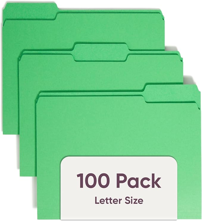 Smead Standard File Folders, 100 Count, Green, 1/3-Cut Tabs, Letter Size (12143)