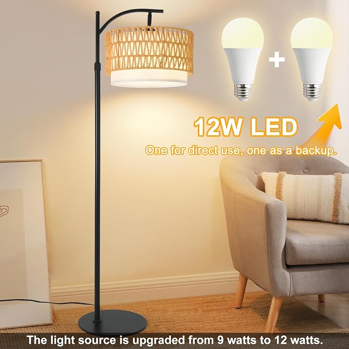 Rustic Black Farmhouse Floor Lamp with Woven Rattan Shade - 12W LED, Remote & Dimmable 3-Color Temp, Tall Standing Lamp for Living Room