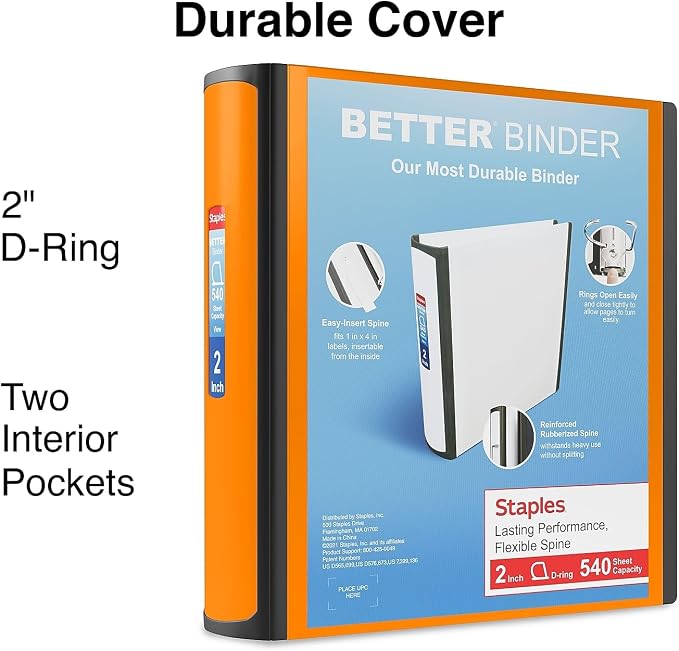 Staples Better Binder, 2 Inch D-Ring, Bright Orange, Reinforced Spine | High-capacity 3-ring binder for durable school and office document storage.