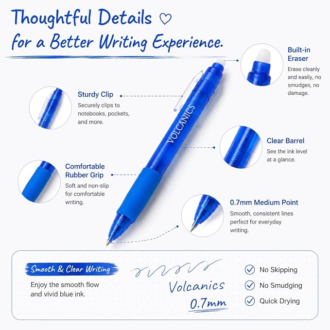 Volcanics Blue Erasable Gel Pens, 0.7mm Retractable, 24 Pack