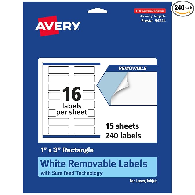 Avery® Matte White Removable Rectangle Labels, Sure Feed® Technology, Print-to-The-Edge, 1" x 3", 240 Removable Labels, Laser/Inkjet Printable