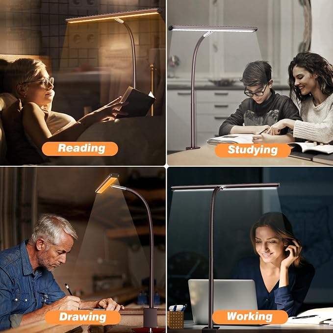 Airlonv LED Desk Lamp with Clamp, 17" Stepless Dimming Light, Brown | 2700K-6500K, 100 LEDs, 360° Gooseneck, Fits Up to 30" Monitors, Flicker-Free Lighting for Home Office, Study& Workbench