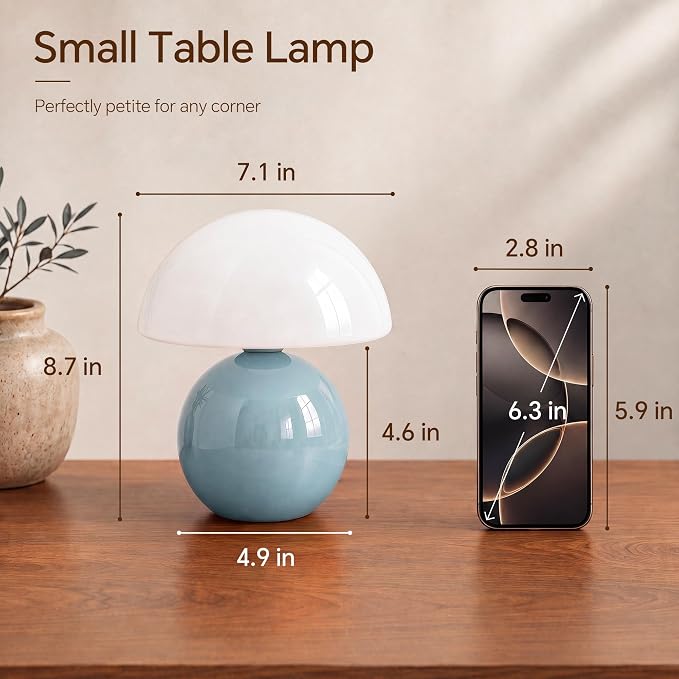 Mushroom Lamp Table Lamp for Bedroom-Small Desk Table Lamps,Blue | 8.7" Mid Century Modern Table Lamps for Living Room Bedroom Decor,Cute Ceramic Lamps for Mushroom Home Room Decor,Glass Shade