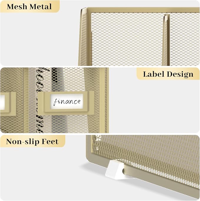 Desk Organizers Metal Desk Magazine File Holder with 5 Vertical Compartments Rack File Organizer for Office Desktop, Classroom, Home Workspace, Golden Yellow