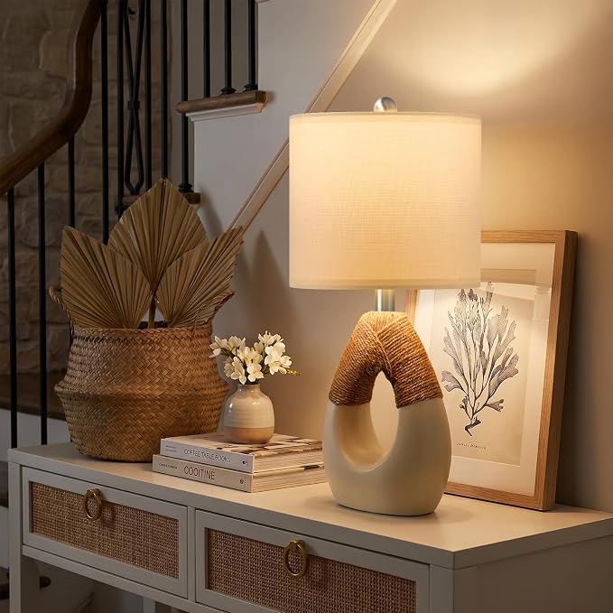 19'' Boho Small Table Lamps Set of 2 for Bedroom, Farmhouse Bedside Lamps with Rattan Rope for Living Room, Nightstand Lamps for Side End Table Sofa Entryway Home Decor, White and Beige