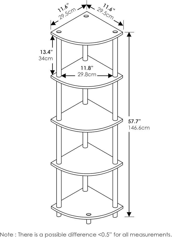 Furinno TURN-N-TUBE Corner Shelf, 5-Tier Corner Bookshelf, Open Storage Shelves, for Organization and Storage, Living Room, Home Office, Garage, Bedroom, Amber Pine