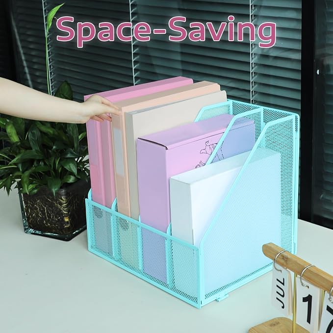 Desk Organizers, Metal Magazine File Holder with 4 Vertical Compartments Rack Binder File Organizer for Office Supplies, Home Workspace - Blue