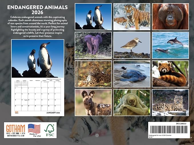 Endangered Animal Calendar 2026 Wildlife Monthly Wall Calender 12 Month | American Made In The USA