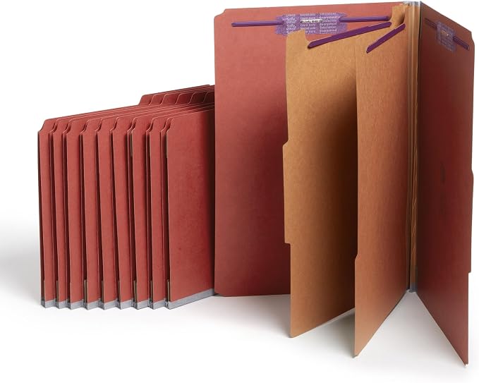 Smead Pressboard Legal Size File Folders with SafeSHIELD Fasteners, 2 Dividers, 2" Expansion, Office Folders, Paper Holder, Red, 10 per Box (19075)