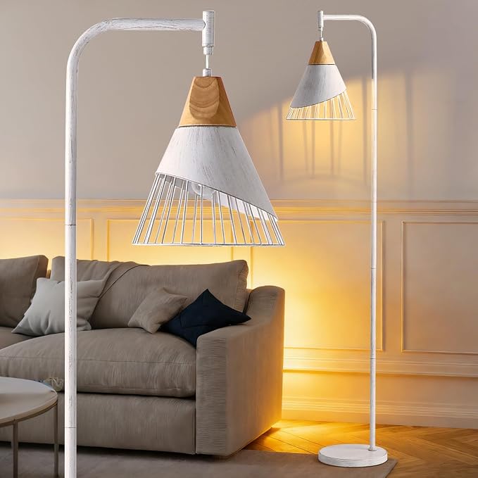 67" Industrial Floor Lamp with Wood & Black Metal Shade, Modern Standing Lamp, Rustic Farmhouse Tall Lamp for Living Room Bedroom Office, 2700K Bulb & Foot Switch Included (Gold+ White)
