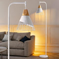 67" Industrial Floor Lamp with Wood & Black Metal Shade, Modern Standing Lamp, Rustic Farmhouse Tall Lamp for Living Room Bedroom Office, 2700K Bulb & Foot Switch Included (Gold+ White)