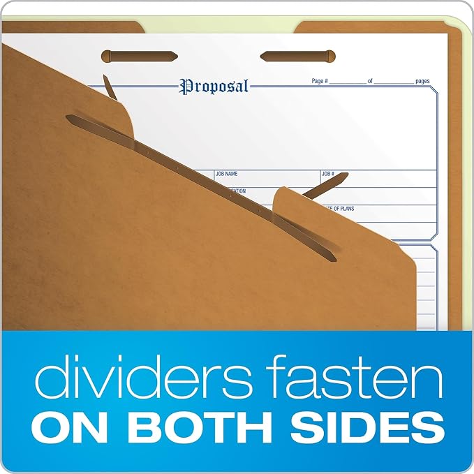 Pendaflex Pressboard Classification File Folders, 2 Dividers, 2" Embedded Fasteners, 2/5 Tab Cut, Legal Size, Light Green, Box of 10 (17176EE)