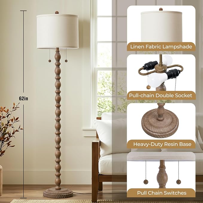 Luvkczc Farmhouse Floor Lamp for Living Room Bedroom, 62" Tall Standing Lamp with Dual Pull Chains, Vintage Resin Floor Lamp with 9W LED Bulb, Easy Assembly