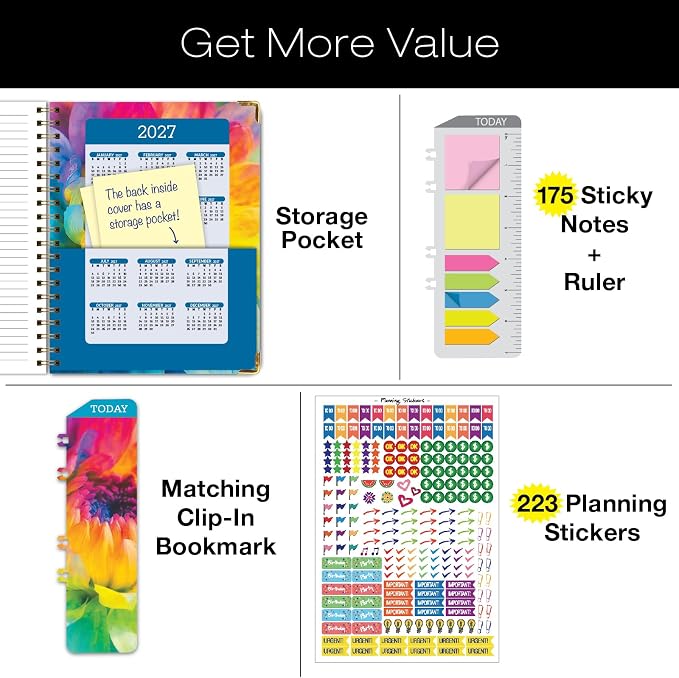 HARDCOVER Academic Year 2026-2027 Planner: 14 Months (May 2026 Through June 2027) 8.5"x 11" Daily Weekly Monthly Planner Yearly Agenda. Bookmark, Pocket Folder and Sticky Note Set (Rainbow Petals)