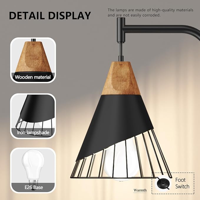 67" Industrial Floor Lamp with Wood & Black Metal Shade, Modern Standing Lamp, Rustic Farmhouse Tall Lamp for Living Room Bedroom Office, 2700K Bulb & Foot Switch Included (Black + Remote Control)