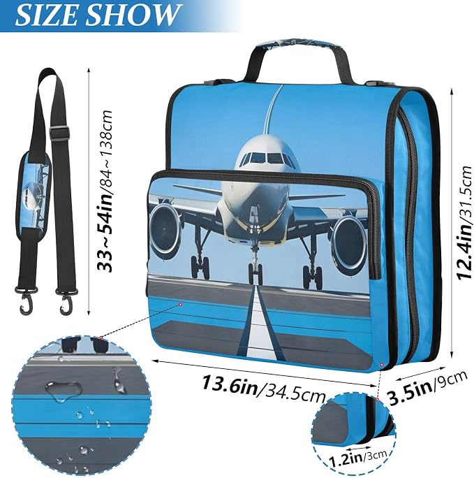 White Airplane Aircraft 3 Ring Binder Bag 1.5 inch Binder Organizer with Zipper Shoulder Strap 500 Sheet Documents Storage for School Office