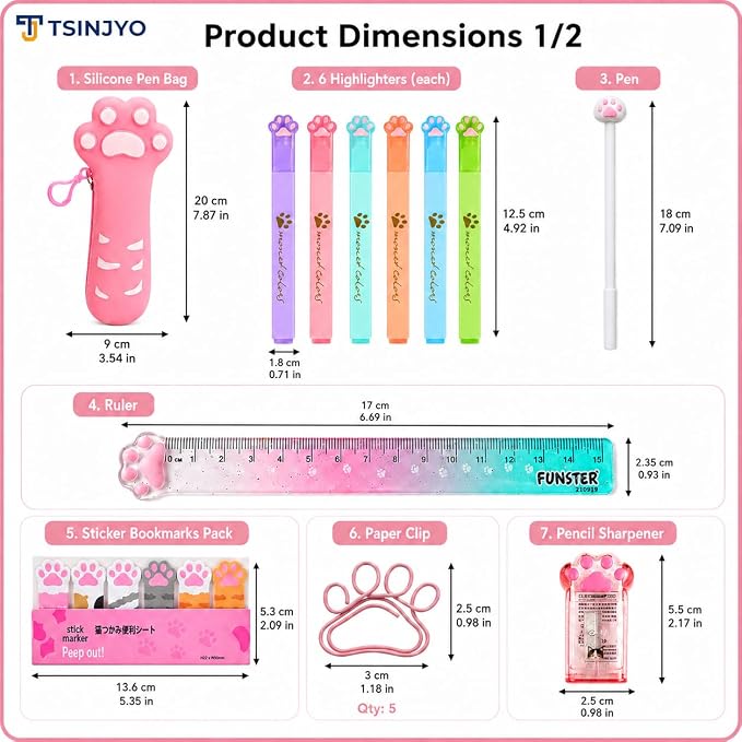 24Pcs Cute Stationery Set W Paper Clips Stapler Scissors Sticky Notes Eraser Ruler Sharpener Pencil Case Highlighter Correction Tape Desk Accessories for School Office Supplies