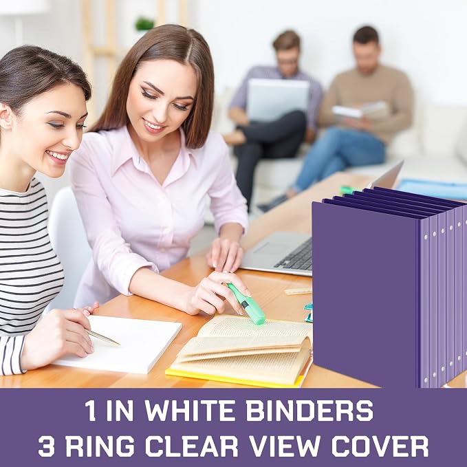 Fulmoon 12 Pcs Economy View 3 Ring Plastic Binder 12.2 x 9.8 Inch Plastic Round Ring Binders with Pockets Notebinder for Meetings for Home, Office, School(Purple, 1 Inch)