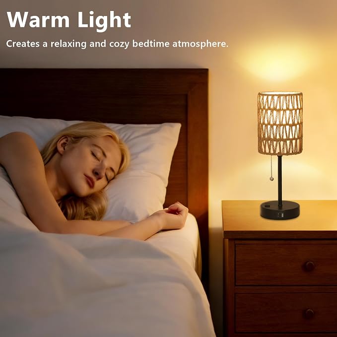 Rattan Bedside Table Lamps Set of 2 - Boho Lamps With 3 Color Temperatures & USB AC Port, Pull Chain Table Lamp For Bedroom, Cute Small Lamp For Nightstand Office Desk Bed Side End Table Living Room