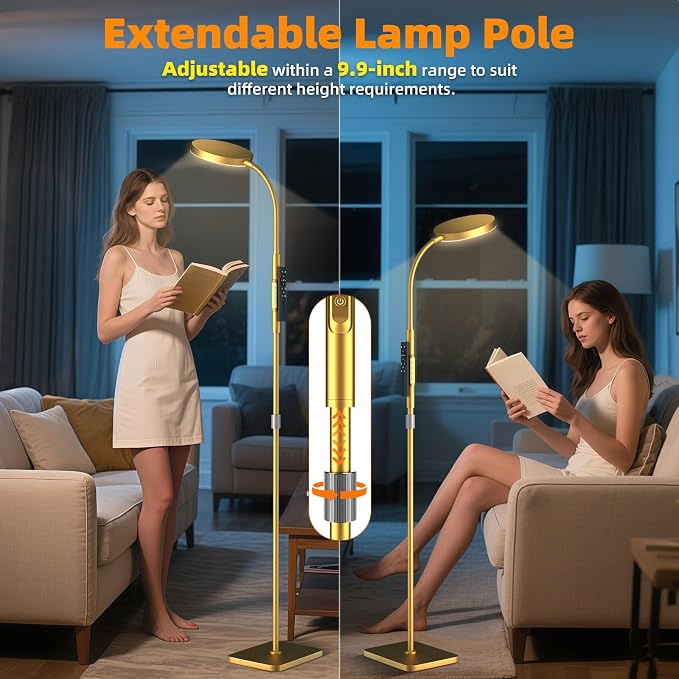 PACOVY Floor Lamp, Adjustable Height Floor Lamps for Living Room Bedroom, 120 LED Super Bright Standing Lamp Remote & Touch Control Dimmable Gooseneck Tall Stand Reading Lamp for Office Craft, Gold