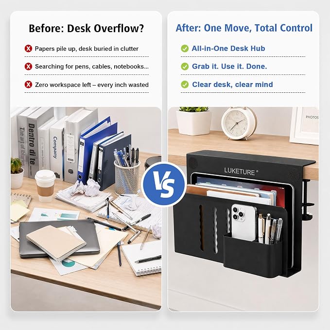 LUKETURE Desk Side Storage, 2 Tier Under Desk Laptop Mount with Pen Slot | Sturdy Steel Double Tier Strong, Magnetic Pen Holder, No Drill Clamp for Standing Desk Organizer, Fits 0.3-2.8" (White)