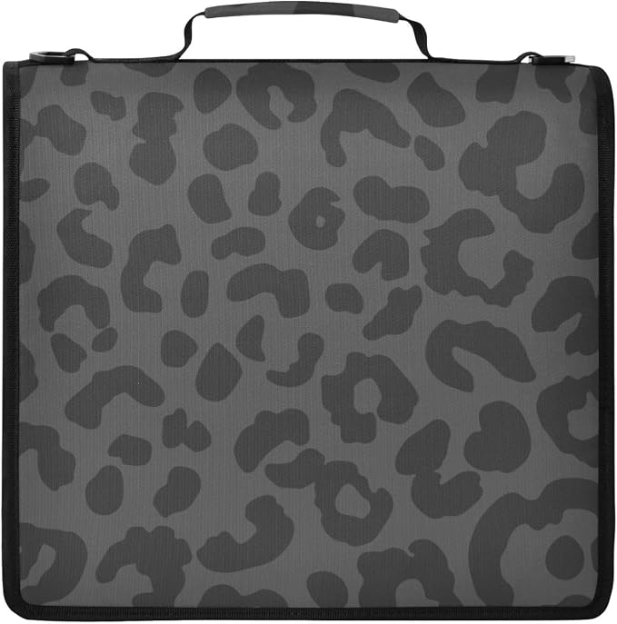 Leopard Black Zipper Binder File Organizer Bag 3 D-Ring | with Shoulder Strap, Holds 500 Sheets & 14in Laptop, 3 Ring Binder for Office Supplies