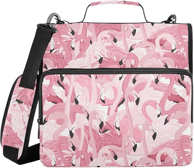 Pink Flamingo Print Zipper Binder Bag 3 Ring with Shoulder Strap & Handle Multi Pocket Binder Organizer Bag Large Capacity for School Office Supplies