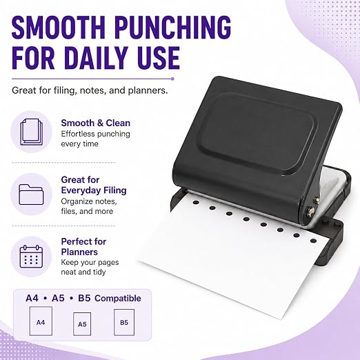 10 Hole Punch Binding Machine Kit for Planner (Black) with 10 Multi-Color Spiral Coils, Adjustable A4 A5 B5 Paper Puncher, DIY Notebook Scrapbook Maker for Home Office School Organization